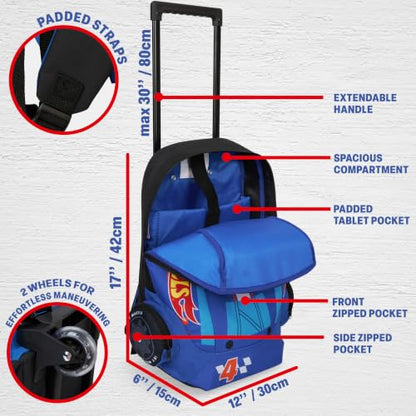 Get Trend Hot Wheels 3D Rolling Luggage with Wheels, 17” Travel Bag | 19L Cabin Suitcase, Lightweight Kids Carry On Backpack with Telescopic Handle for Trips, Holidays & School - color: Blue/Multi Hot Wheels