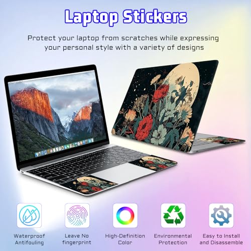 Universal Laptop Skin Sticker Decal, Compatible with MacBook HP Dell Lenovo 12"-15.6", Reusable Vinyl Notebook Cover 3PCS Set, High-Recognition Film-the Moon and Flowers - color: the moon and flowers