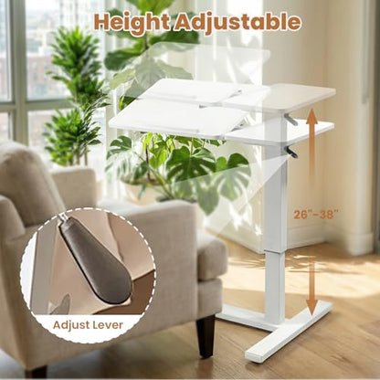 Portable Overbed Rolling Desk, Height Adjustable Mobile Standing Table, Foldable 31 Inch Small Laptop Bedside Desk with Tiltable Desktop, Hidden Wheels, Tray Table for Bed Sofa Side, White - color: White