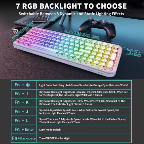 Wireless Computer Keyboard with RGB Backlit, Tri-Mode Bluetooth 5.0/USB-C/2.4GHz Ergonomic Gaming Keyboard - Full-Size Rechargeable Transparent Keycap for Laptop/Windows/PC - White - color: 732 White