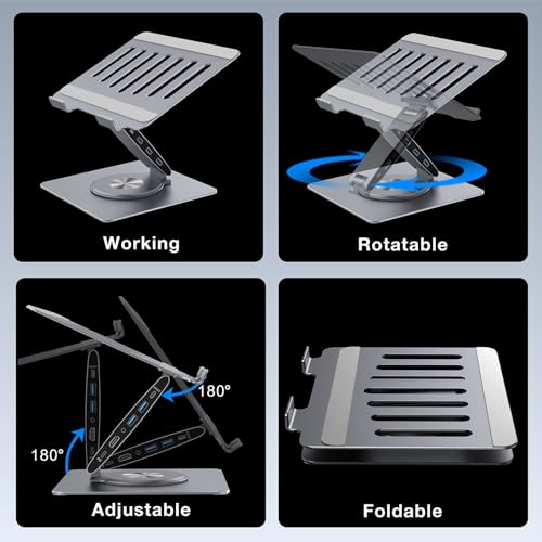 Adjustable Laptop Stand for Desk with Docking Station 9-in-1, Aluminum Laptop Riser with USB Hub, 360° Swivel, Dual Display 4K60Hz HDMI, 3 USB3.0, 100W PD Charging, for MacBook Pro Air/Dell/HP 7-15.6" - size: 9-in-1 Hub Laptop Stand
