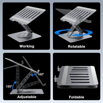 Adjustable Laptop Stand for Desk with Docking Station 9-in-1, Aluminum Laptop Riser with USB Hub, 360° Swivel, Dual Display 4K60Hz HDMI, 3 USB3.0, 100W PD Charging, for MacBook Pro Air/Dell/HP 7-15.6" - size: 9-in-1 Hub Laptop Stand