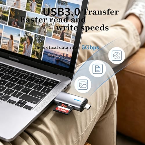 SD Card Reader, 2-in-1 USB-C 3.0 sd Card Reader for iPhone, Dual Slot Adapter for MicroSD, SDHC, SDXC Memory Cards, Compatible with iPhone 17/16/15, iPad, Android, Laptops and Computers.