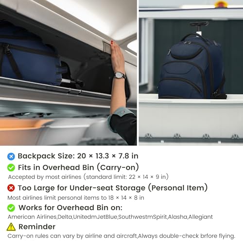 Boavan Rolling Backpack,17 inch Water Resistant Wheeled Backpack,Carry on Luggage Business Bag, Overnight College Computer bag Trolley Suitcase for Men Women Adults to Travel，Black - color: Navy, size: 17.3 inches