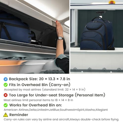 Boavan Rolling Backpack,17 inch Water Resistant Wheeled Backpack,Carry on Luggage Business Bag, Overnight College Computer bag Trolley Suitcase for Men Women Adults to Travel，Black - color: Navy, size: 17.3 inches