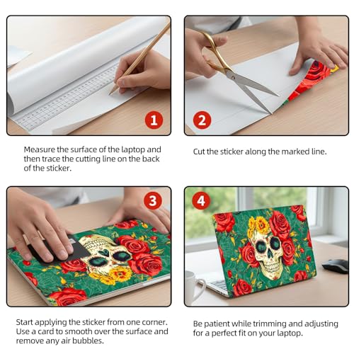 Universal Laptop Skin Sticker Decal, 12"-15.6" Aesthetic Vinyl Wrap, Skull Red Roses Waterproof Notebook Cover Art Protector for MacBook HP Dell Lenovo, Fits 13" 14" 15" 15.6" - color: Skull Red Roses