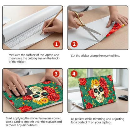 Universal Laptop Skin Sticker Decal, 12"-15.6" Aesthetic Vinyl Wrap, Skull Red Roses Waterproof Notebook Cover Art Protector for MacBook HP Dell Lenovo, Fits 13" 14" 15" 15.6" - color: Skull Red Roses