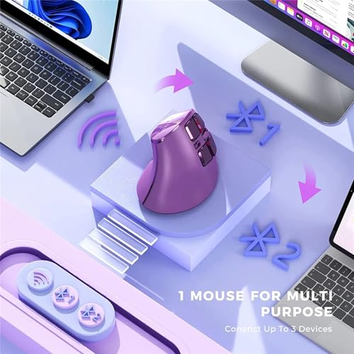 Vertical Mouse, Wireless Ergonomic Optical Mouse (BT 5.0 + Bluetooth 3.0 + USB Connection) with 9 Buttons, Rechargeable Computer Mouse for Wins PC/Laptop, Mac (Purple) - color: Purple
