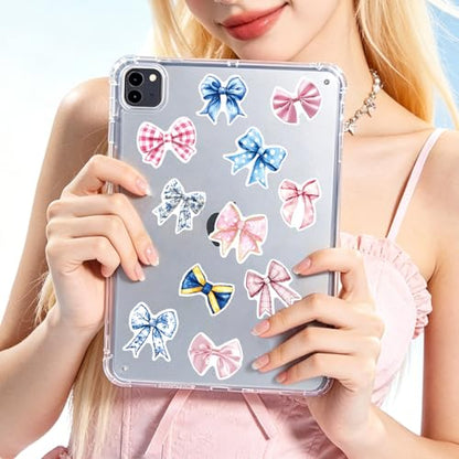 for iPad Case with 100 Pcs Cute DIY Bow Tie Vinyl Laptop Stickers Tweezers Decals, Waterproof Aesthetic Stickers Suitable for Phone, Water Bottles, Cups, Suitcases, Anywhere- Pink/Blue Bow - color: Pink /Blue Bow