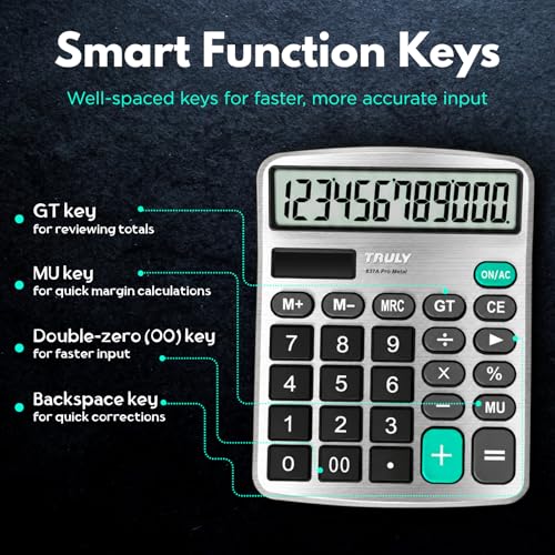 TRULY 12-Digit Desktop Calculator with Large Display, Big Buttons, Dual Power (Solar + Battery), Metal Finish, Ideal for Office, Home, School – 837A Pro Metal 2 Pack Black/Silver - color: Black & Silver