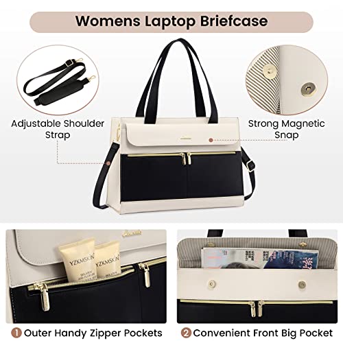 LOVEVOOK Laptop Tote for Women - 15.6 Inch Professional Leather Computer Briefcase - Waterproof Shoulder Bag - Large Capacity Business & Office Bag - color: Black/Beige-1, size: 15.6 Inch