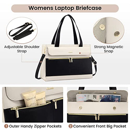 LOVEVOOK Laptop Tote for Women - 15.6 Inch Professional Leather Computer Briefcase - Waterproof Shoulder Bag - Large Capacity Business & Office Bag - color: Black/Beige-1, size: 15.6 Inch