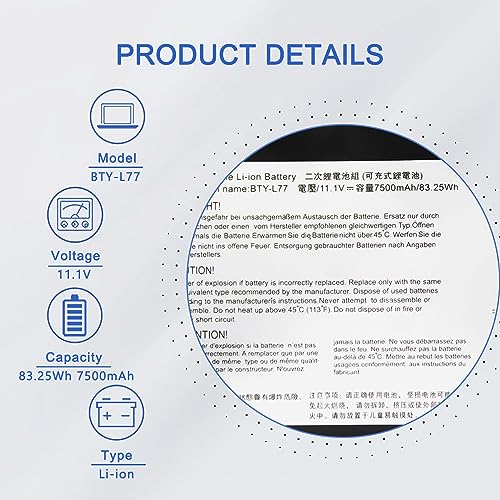 JOTACT BTY-L77（11.1V 83.25Wh/7500mAh 9-Cell） Laptop Battery Compatible with MSI GT72 2PE 2QD 2QE 6QD 6QE GT72S 6QD 6QE 6QF WT72 2OK 2OM 6QI GT80 GT80S Series Notebook MS-1781 MS-1782 MS-1783 MS-1785 - size: 6.52*2.75*0.80 inch BTY-L77