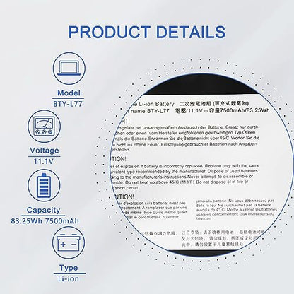 JOTACT BTY-L77（11.1V 83.25Wh/7500mAh 9-Cell） Laptop Battery Compatible with MSI GT72 2PE 2QD 2QE 6QD 6QE GT72S 6QD 6QE 6QF WT72 2OK 2OM 6QI GT80 GT80S Series Notebook MS-1781 MS-1782 MS-1783 MS-1785 - size: 6.52*2.75*0.80 inch BTY-L77