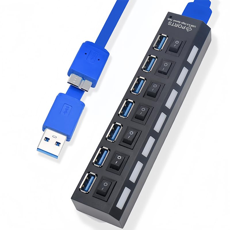 USB 3.0 Hub with Individual On/Off LED Switches, 1 USB 3.0 and 6 USB 2.0 Ports Hub Splitter with 0.52m/20.5'' Cable, Portable USB Adapter USB Extender for Data Transfer and Charging, Black