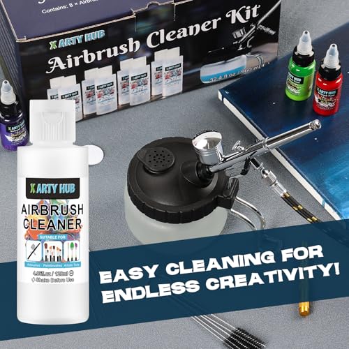X ARTY HUB Airbrush Cleaning Kit, 32.4 fl oz Cleaner, Cleaning Pot & Tools | Easily Handles Water-Based and Acrylic Paints, Glass Airbrush Cleaning Pot, Air Brush Cleaning Tools, Airbrush Cleaner Kit - size: Airbrush Cleaning Kit with 32.4 fl oz Cleaner