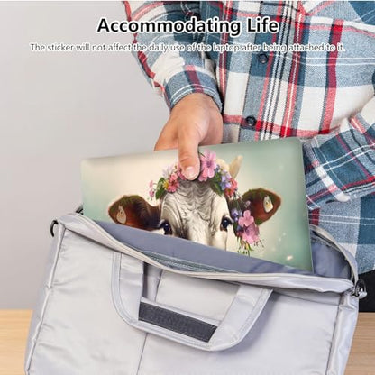 Universal Laptop Skin Sticker with 2 Wrist Pad Skins, Waterproof Scratch Resistant Vinyl Laptop Cover Decal, Cut to Fit for 11–15.6 Inch MacBook HP Dell Lenovo, Cow with Flower - color: Cow with Flower
