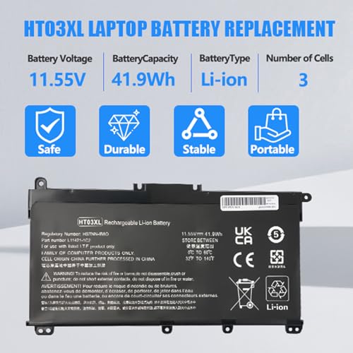 HT03XL L11119-855 Laptop Replacement Battery for HP Pavilion 14-CE 14-CF 14-CM 14-CK 14-DF 14-MA 14Q-CS 15-DA 15-CS 15-CW 15-DA 15-DB 17-by 17-CA HP 240 245 250 255 G7 340 348 G5 L11119-855 - size: 9.49*5.28*1.26inch HT03XL
