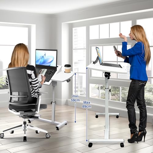 Medical Adjustable Overbed Bedside Table Teacher Podium Laptop Computer Cart Mobile Laptop Desk with 2 Tilting Desktops,Cup Holde,Drawer，Wheels for Office, Home and Classroom (White) - color: White-fba