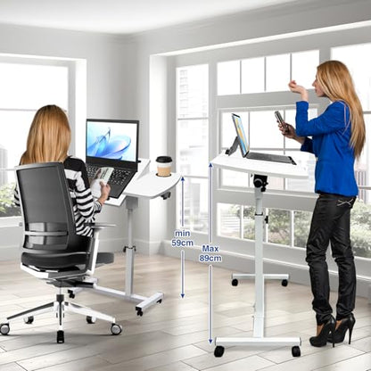 Medical Adjustable Overbed Bedside Table Teacher Podium Laptop Computer Cart Mobile Laptop Desk with 2 Tilting Desktops,Cup Holde,Drawer，Wheels for Office, Home and Classroom (White) - color: White-fba
