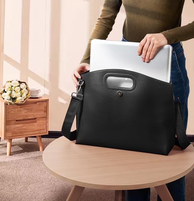 KALIDI Messenger Bag 16 Inch Slim Laptop Vegan Leather Briefcase Crossbody Tote for 15.6" Notebook Business Work Office Bag - color: Black