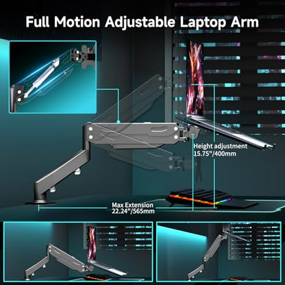 Pholiten 2 in 1 Laptop Desk Mount with Gas Spring Arm | Monitor Laptop Stand for 12-17" Notebook and 13-32" Computer Screen,Full Motion with Vented Tray, Holds 22lbs