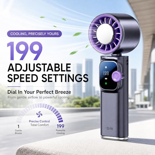 Portable Handheld Fan with Ice Cooling, Personal Rechargeable Fan 20000RPM,199-Speed Mini Neck Fan with 4000mAh Battery Powered up to 15hrs with LED Display for Travel, Camping & Outdoor, Purple - color: Gray-Purple