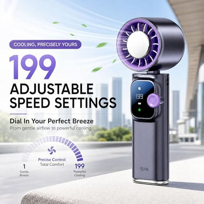 Portable Handheld Fan with Ice Cooling, Personal Rechargeable Fan 20000RPM,199-Speed Mini Neck Fan with 4000mAh Battery Powered up to 15hrs with LED Display for Travel, Camping & Outdoor, Purple - color: Gray-Purple
