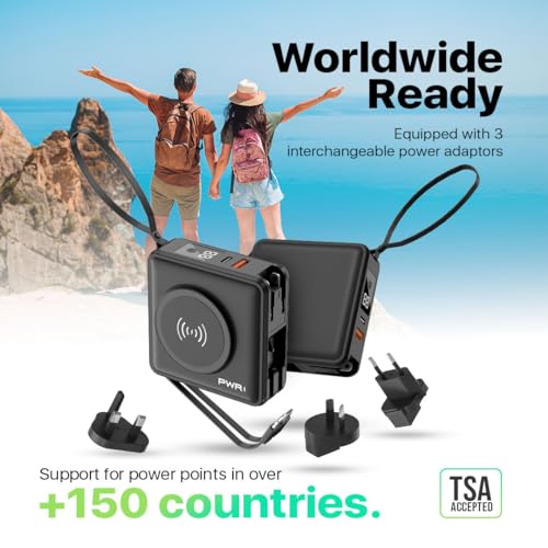 PWRMobile PWR Travel PRO 5-in-1 Power Bank with Case Included – 10,000mAh with Built-in Cables – 20W USB-C + 15W Wireless Charging – Compact Portable Charger for iPhone & Android- Black - color: Black with Black Case