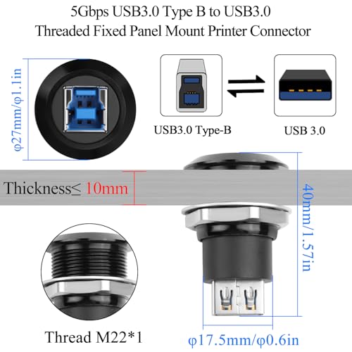QIANRENON 5Gbps USB3.0 B to A Threaded Fixed Printer Adapter USB3.0 Type B Female to USB Female Embedded Panel Mount Data Connector SuperSpeed USB B to A, for External Hard Drive, Scanner