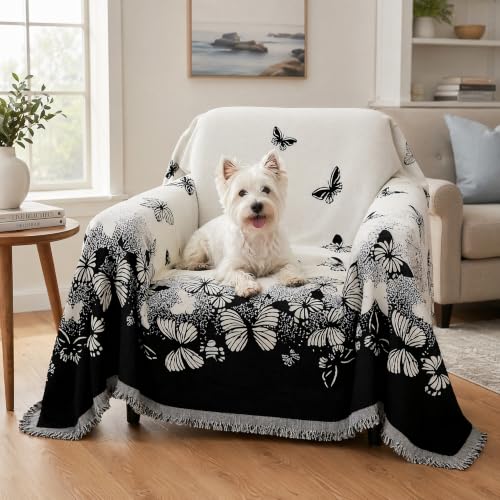 Chenille Couch Cover 51x71 Inch Reversible Butterfly Sofa Throw | Pet Friendly Armchair Slipcover with Tassels, Double Sided Couch Throw Blanket for Dog Cat Scratching Furniture Protector - color: Black Butterfly, size: 71"x 51"