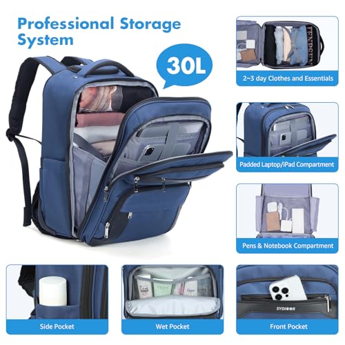 17.7inch Rolling Backpack With Wheels for Adults, Roller Carry On Luggage Wheeled Backpack, Rolling Laptop Backpack for Men Women to Travel Business, Blue
