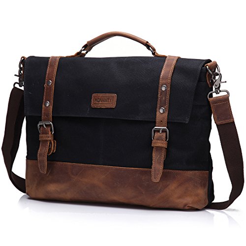 Laptop Messenger Bag 15.6" for Men Waxed Canvas Vintage Leather Business Briefcase Shoulder Bags Waterproof