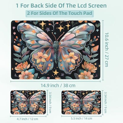 Universal Laptop Skin Decal, 3-Piece Vinyl Protector for 12 13 14 15.6" Notebook, Waterproof Anti-Scratch, Easy Trim & Bubble-Free Finish, Butterfly and Flowers - color: Butterfly and Flowers