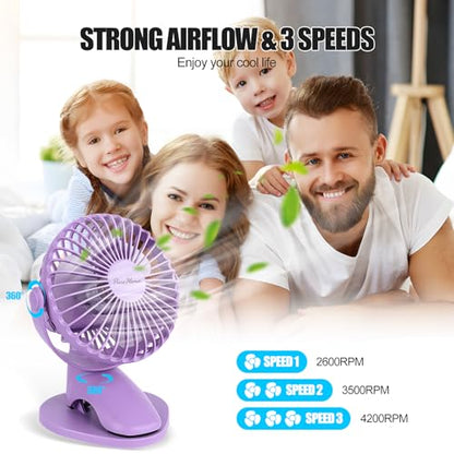 Portable Clip Fan Battery Operated,3 Speeds USB Rechargeable Mini Table Fan with Strong Airflow,360°Rotation Ultra Quiet Personal Desk Fan for Home Office Bedroom Dorm Stroller Camping(Purple) - color: Purple