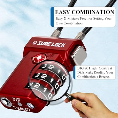 SURE LOCK TSA Approved Luggage Locks with Open Alert Indicator, 3 Digit Combination Cable Travel Lock for Suitcase, Backpack, Gym Locker, Toolbox, Carry On & Travel Bag - color: RED 2 PACK