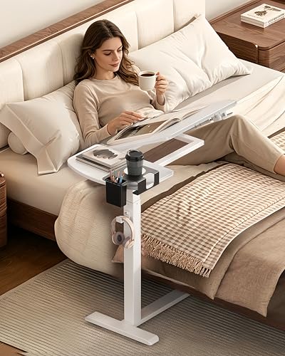 Overbed Table with Wheels, Pneumatic Lift and Tilting Top (White) | Height Adjusts 24.4–42.9 In, Desktop Tilts 0°–70° With Hidden Casters, Cup Holder, Pen Holder And Headphone Hook - color: White