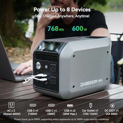 Dabbsson 768Wh Solar Generator with 120W Solar Panel,Portable Power Station,Up to 900W AC Output,1.5X Extended Runtime,Recharge 100% in 1.6 Hrs, 600L Semi-Solid LiFePO4,EPS,100W USB-C,for Camping RV - style: 600L+SP120W Solar Panel