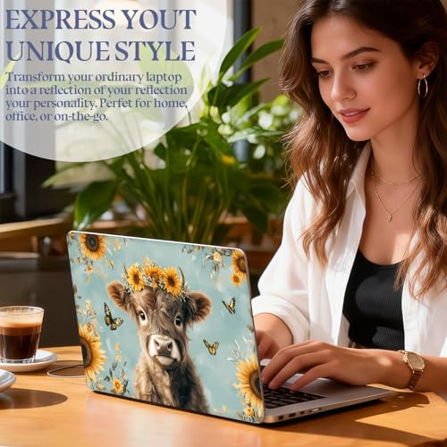 Universal Laptop Skin Sticker Decal,15.6 Inch Laptop Vinyl Cover for 13" 14" 15.6" Laptop,Waterproof Scratch-Resistant Protector Wrap,Reusable with Wrist Pads,Sunflower Highland Calf - color: Sunflower Highland Calf