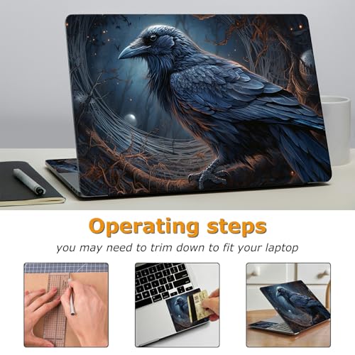Universal Laptop Skin Sticker with 2 Wrist Pad Decals, 3-Piece Removable Vinyl Laptop Cover, Black Crow Waterproof Anti-Scratch, Easy-Trim Fit for 13.3" 14" 15.6" Laptops - color: Black Crow