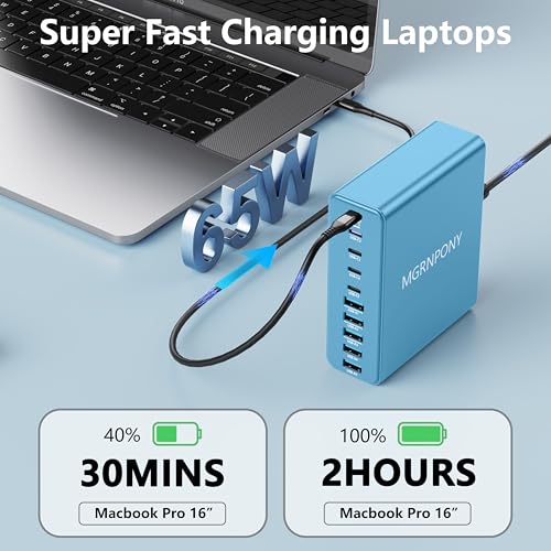 320W USB C Charger Block, 10-Port GaN USB C Charging Station Light Blue | PD 65W Laptop Fast Charger Adapter for MacBook Pro/Air, DELL, iPad, iPhone, Samsung Galaxy - color: Light Blue