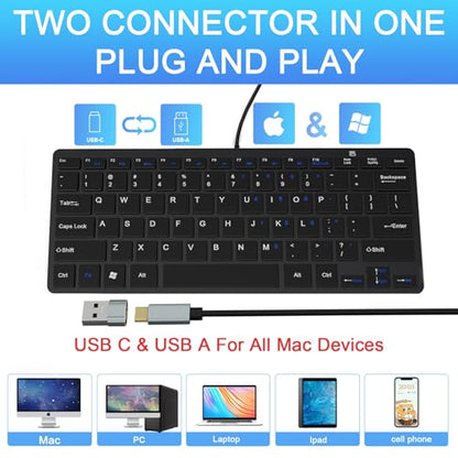Ultra-Slim 78keys USB-C Mini Wired Keyboard with Media Hotkeys for Apple Mac Pro, MacBook 56Pro/ iMac, Air, Mac Mini, Laptop Computers, Windows Desktop PC 11/10/8/7, With USB-C to A OTG Adapter, Black - color: Black, size: USB-C & Adapter