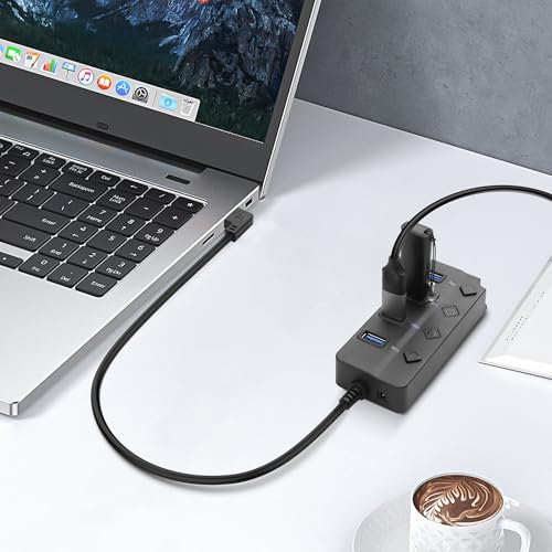 90 Degree USB Hub Splitter YACSEJAO USB 2.0 Data Hub with Individual LED Button On/Off Switch DC5.5 * 2.1 Power Port for Laptop,PC Computer (4 Ports, 0.3M) - size: 0.3M, style: 4 Ports