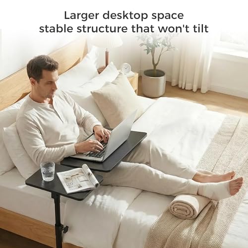 YUHFERA Rolling Table for Laptop Stand, Height and Angle Adjustable Over Bed Table with Wheels, Tilt-Top Laptop Desk for Couch with Cup Holder, Bed Table Tray for Eating (Black) - color: Black
