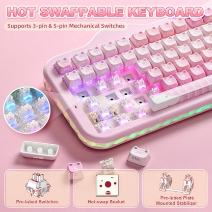 YUNZII C98 Cute Wireless Mechanical Keyboard(Pink Mao, Milk Switch) | Cake Keyboard,99 Keys with Number Pad, MAO Keycaps, BT5.0/2.4G/USB-C,Hot Swap, Gasket Mount, Custom RGB Backlight for Win/Mac - color: Pink MAO, size: Milk V2 Linear Switch