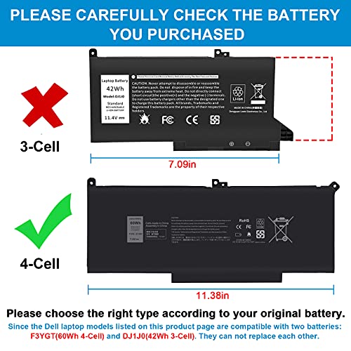 F3YGT 60Wh Laptop Battery for Dell Latitude 12 7000 7280 7290/13 7000 7380 7390 P29S002/14 7000 7480 7490 P28S P28S001 P73G P73G002 Series DM3WC 0DM3WC DM6WC 2X39G KG7VF V4940 451-BBYE 453-BBCF - size: 9.83*4.12*0.25inch