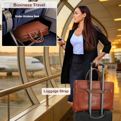 Banuce Italian Full Grain Leather Briefcase for Women Fits 15.6" Laptop | Eco-friendly Leather,Paded Laptop Compartment,Travel-friendly Luggage Strap,Detachable Strap,Office Work,Business Travel - color: Red Brown