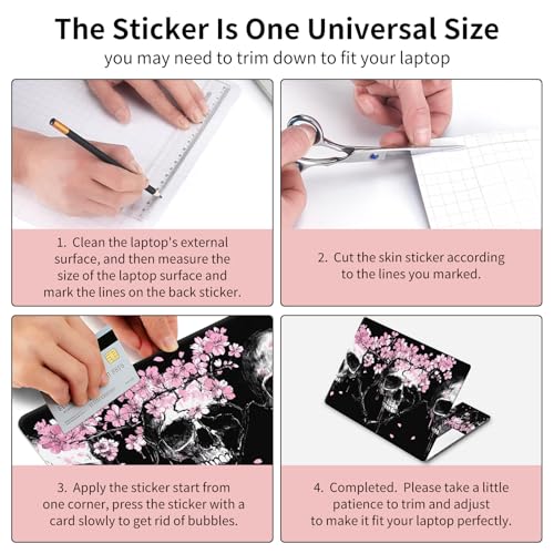 15.6 Inch Laptop Skin Sticker, Reusable Vinyl Cover Protector with 2 Wrist Pad Skins, Removable Waterproof Scratch-Resistant for 12-15.6 Inch Laptop Notebook,Cherry Blossom Flowers Skulls - color: Cherry Blossom Flowers Skulls