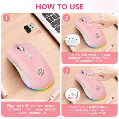 Wireless Mouse, Bluetooth Mouse for Laptop, Rechargeable, Dual Mode (BT 5.2 + 2.4G ) Silent Wireless Bluetooth Pnk Mouse, Laptop Mouse,Ergonomic Design, 3-Level Adjustable DPI Mouse for iPad, Mac, PC
