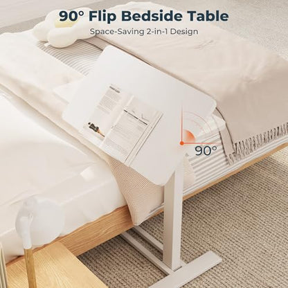 32''Pneumatic Overbed 90°Tilting Bedside Table,Small Standing Desk | 31.5" W x 17.7" D, White Rolling Bedside Table,Hospital BedTable,Medical Bedside Table,Overbed Table with Wheels,Mobile Desk - color: White, size: 3218
